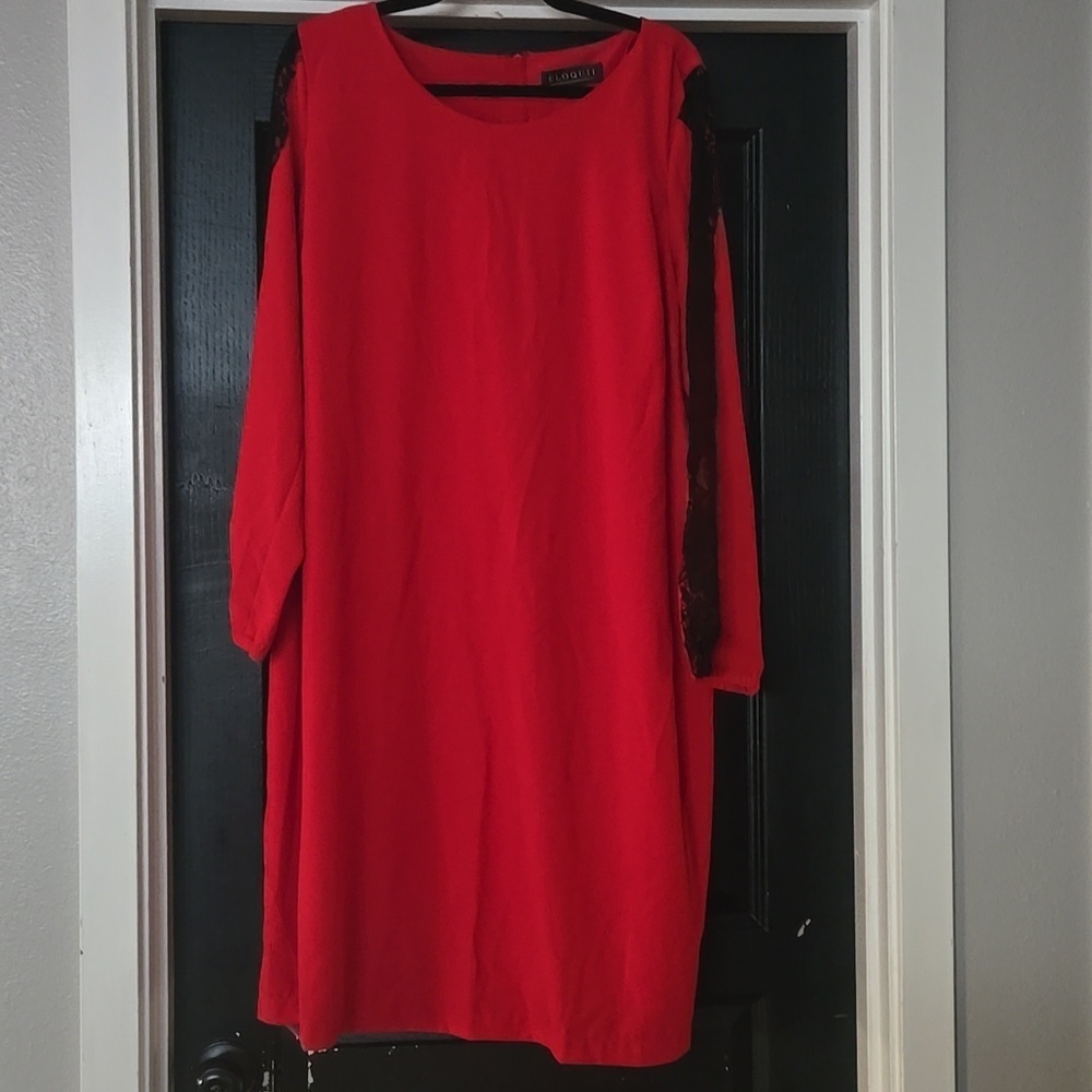 Eloquii Red Shift Dress With Black Lace Sleeves Size 16